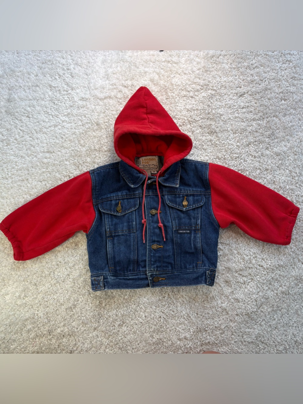 London Fog Kids Red Sleeves Blue Denim Jean Jacket with Hood